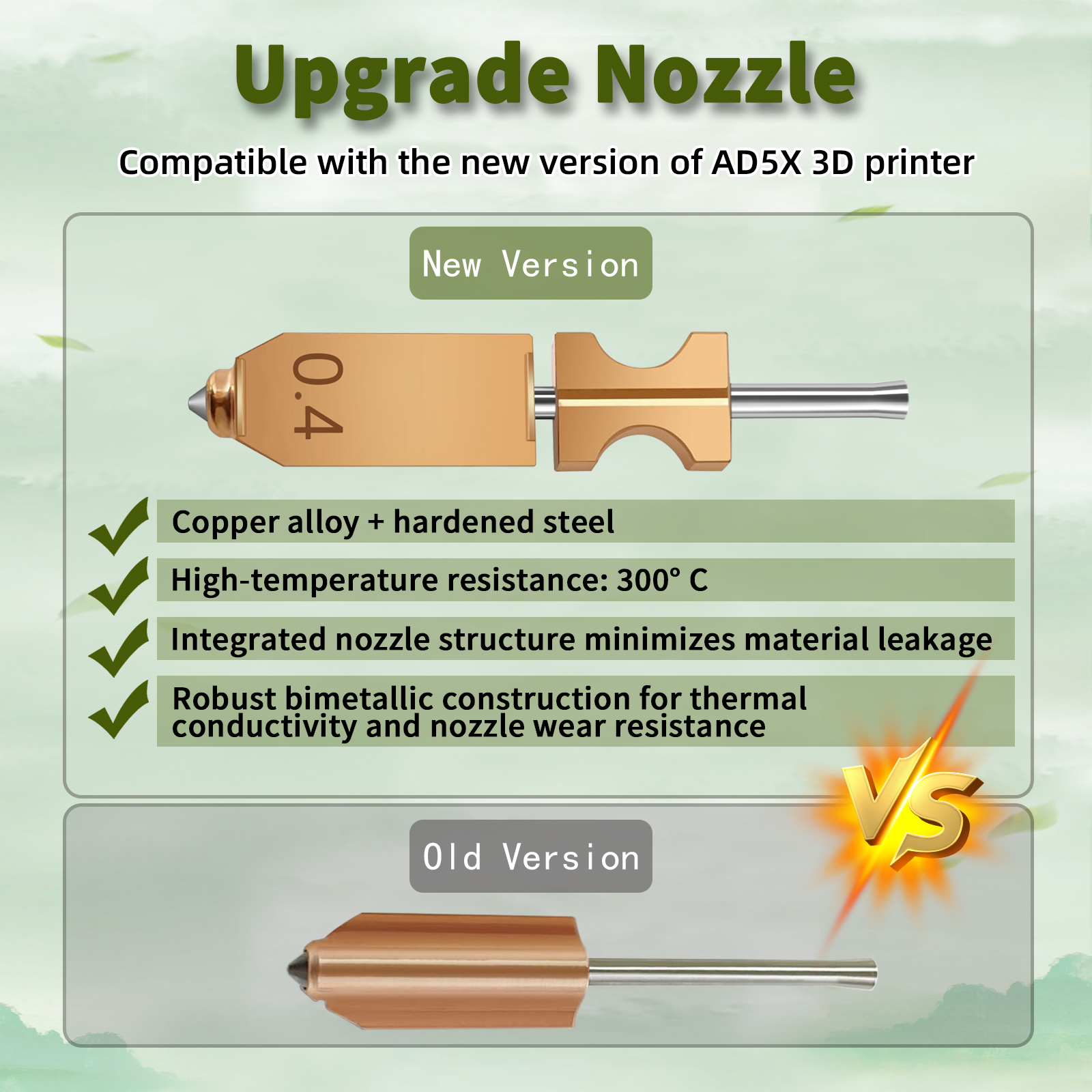 IdeaFormer 2Pcs Integrated Nozzles for Flashforge AD5X, Upgrade Bimetal Hotend Nozzle Replacement Copper Alloy + Hardened Steel Nozzle for AD5X